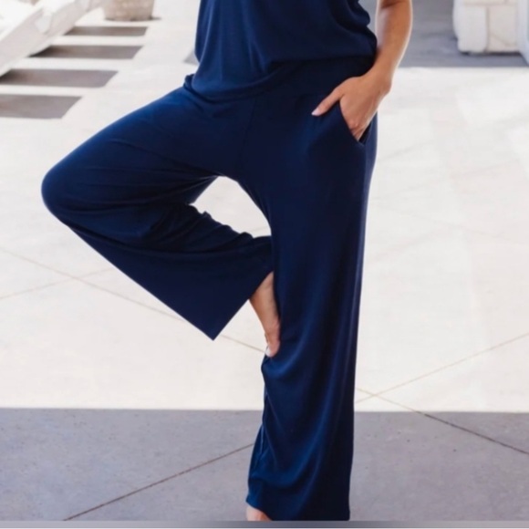 Cozy Earth Womens Bamboo Rib Knit SET Hoodie Wide Leg Pants Size S/M Navy Blue - Picture 3 of 16